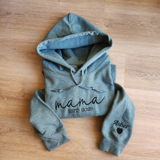 Personalized Mama EST Embroidered Hoodie: Custom Name Sleeve